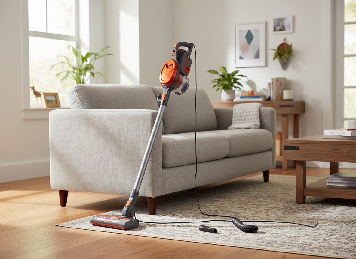 Shark Rocket stick vacuum positioned in a bright living room beside upholstered furniture and mixed flooring